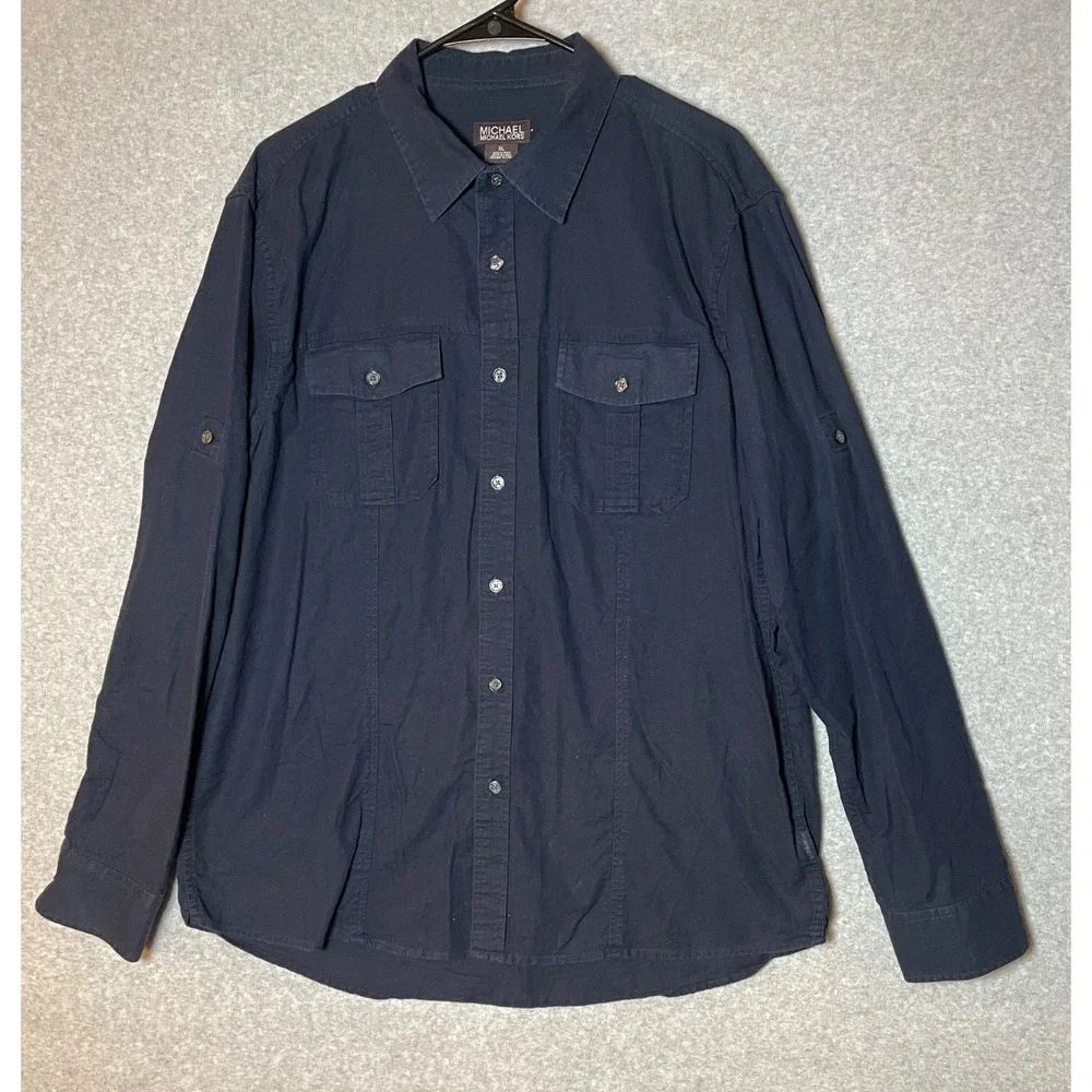 Michael Kors Mens Shirt XL Navy Roll Tab Sleeve Linen Cotton Blend Button Up